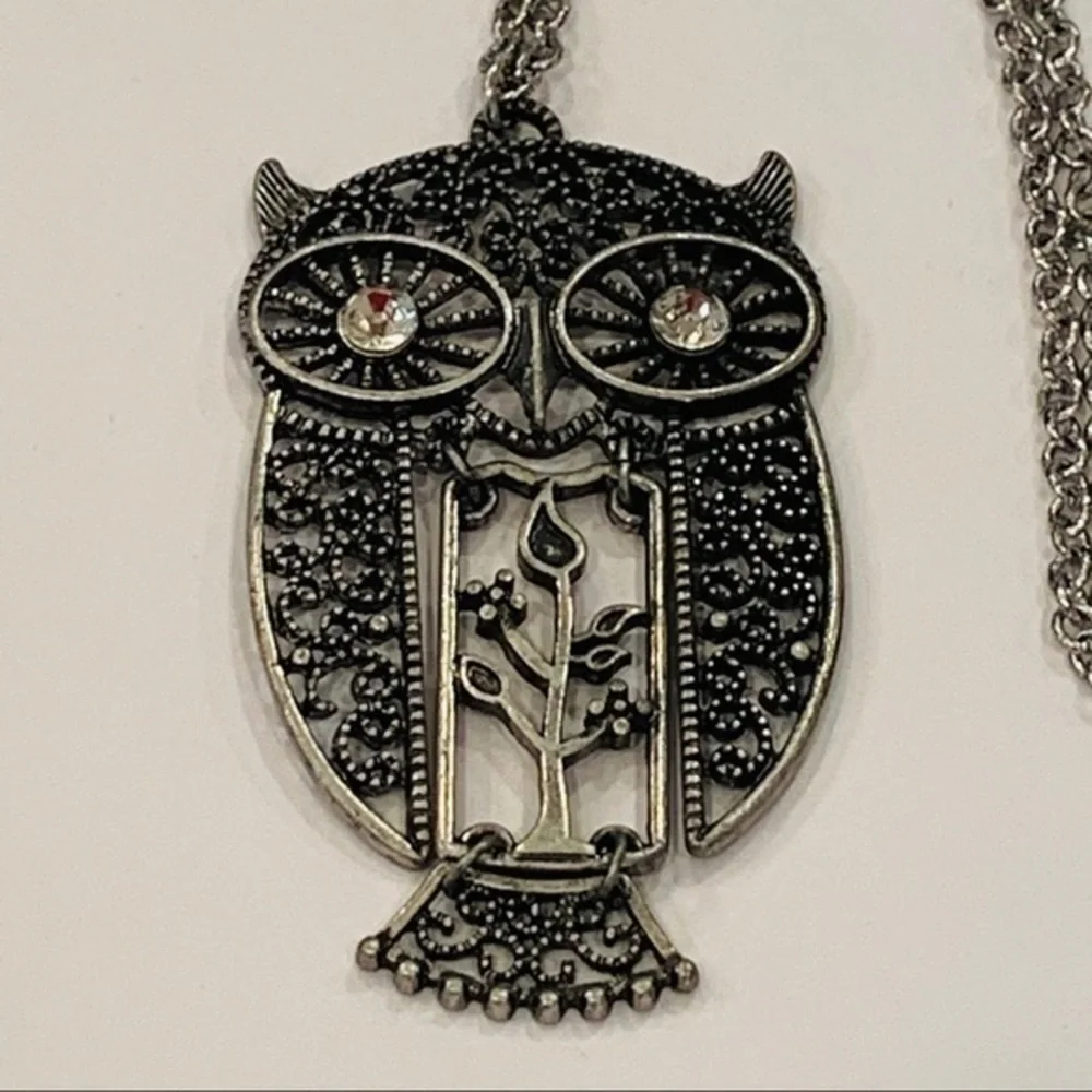 💐5/25 articulating owl long chain silver tone